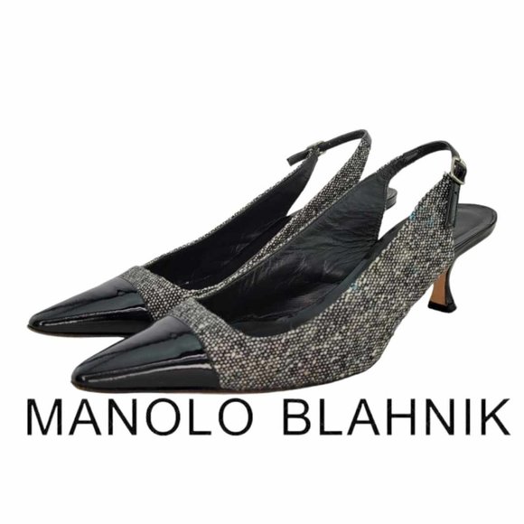 Manolo Blahnik Shoes - MANOLO BLAHNIK Tweed Carolyne Slingbacks Women's 38EU (8B US)- Gray W/Blue Spec